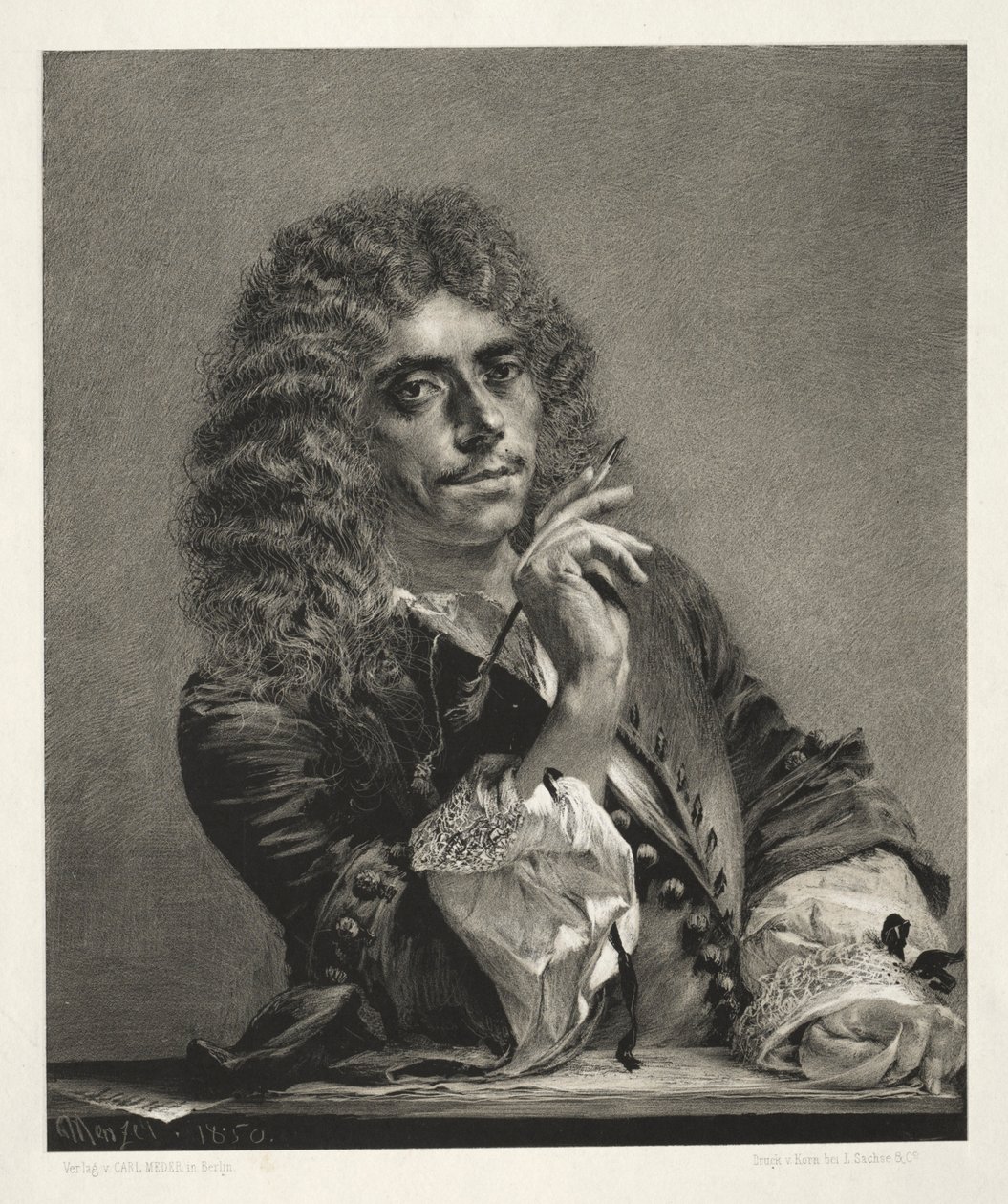 Saggio su pietra con pennello e raschietto: Ritratto di Molière, 1850 da Adolph Menzel