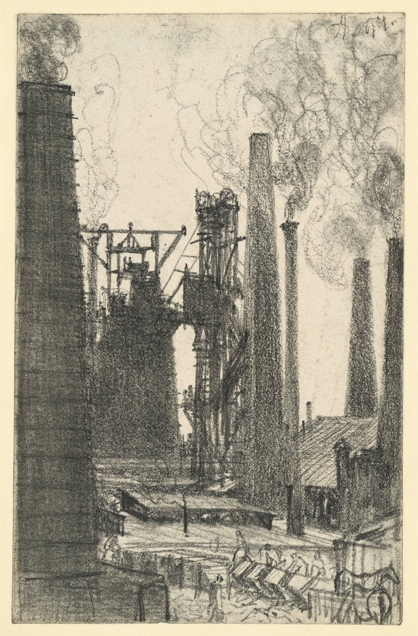 Piazza della fabbrica con ciminiere fumanti (Königshütte?) da Adolph Menzel