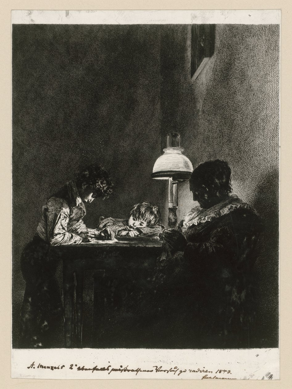 Una famiglia vicino alla lampada da Adolph Menzel