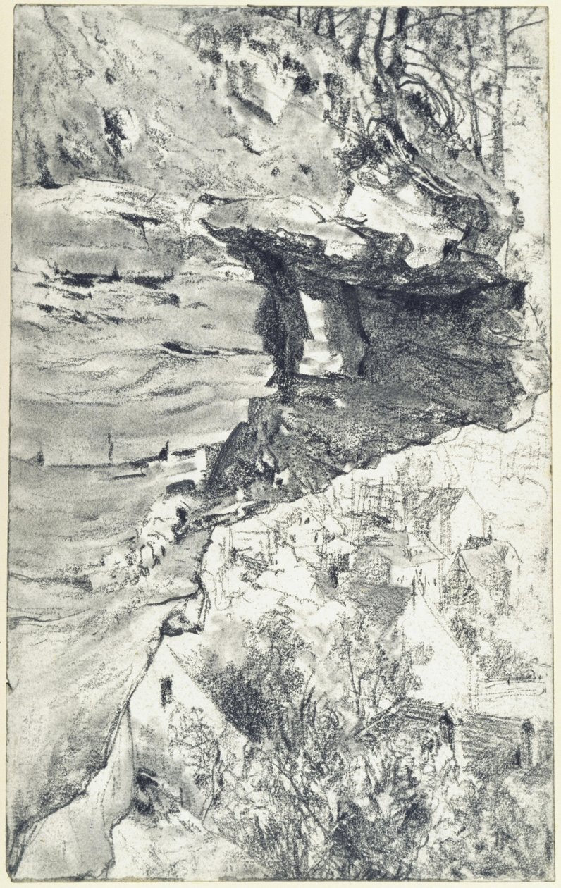 Sporgenza rocciosa con un villaggio sullo sfondo (Svizzera Sassone) da Adolph Menzel