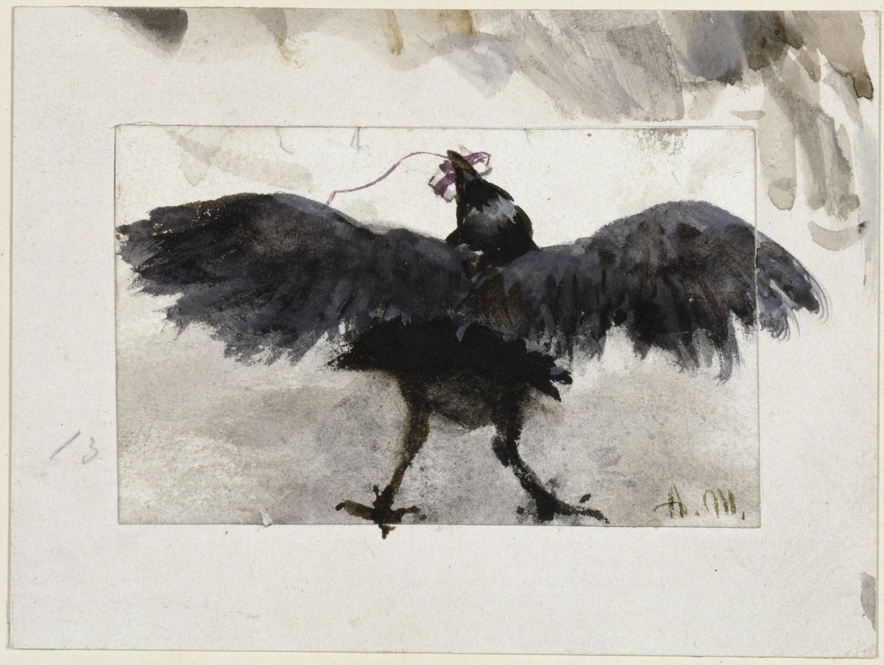 Corvo in volo con un pacchettino nel becco da Adolph Menzel