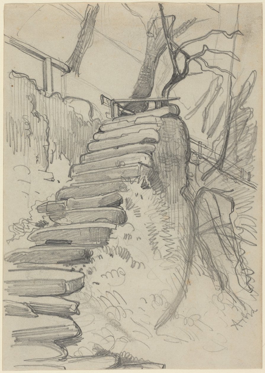 Scala in pietra in un giardino da Adolph Menzel