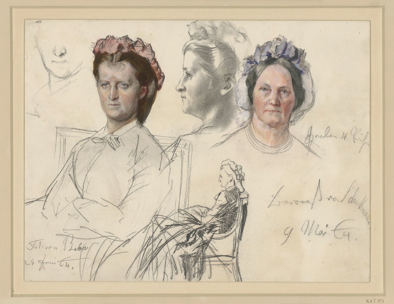 Signorina von Below, mezzo busto seduta rivolta verso sinistra, testa quasi di fronte; a destra: studio del volto di profilo verso sinistra; in basso: figura intera seduta (parzialmente barrata); a destra: baronessa von Schuckmann, studio del volto di fron da Adolph Menzel