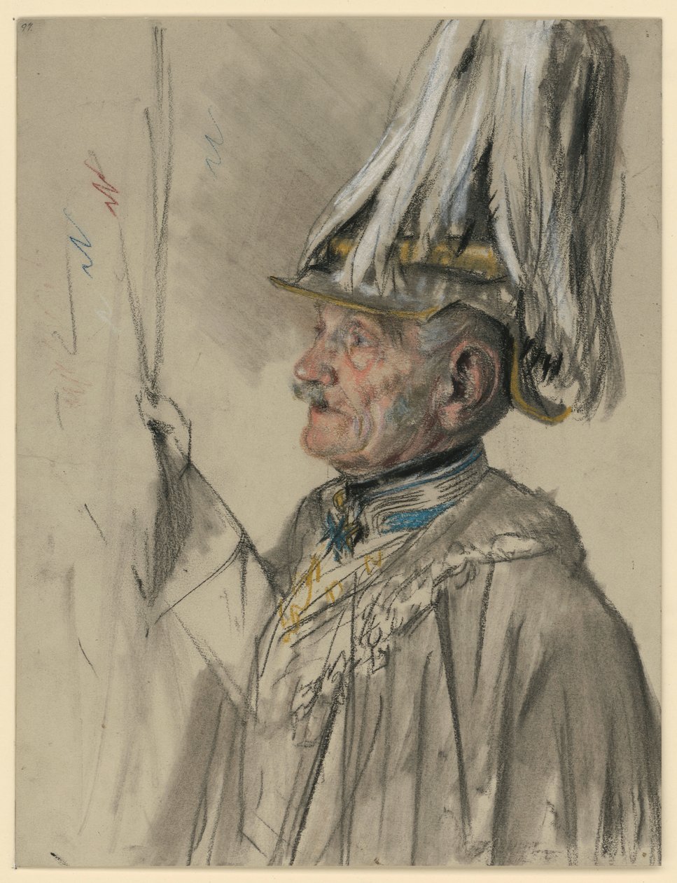 Friedrich Graf von Wrangel con mantello, elmo e piuma, quasi di profilo verso sinistra, studio per il ritratto in "L