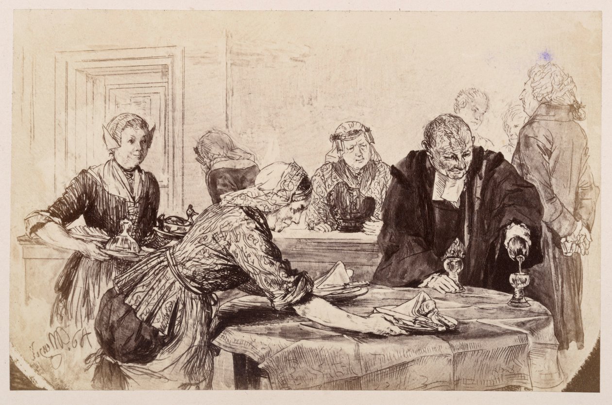 Pausa per la colazione. Le serve apparecchiano la tavola, Adam versa da bere. A sinistra, il consigliere del tribunale cammina impaziente avanti e indietro, come in “La brocca rotta” di Heinrich von Kleist. da Adolph Menzel