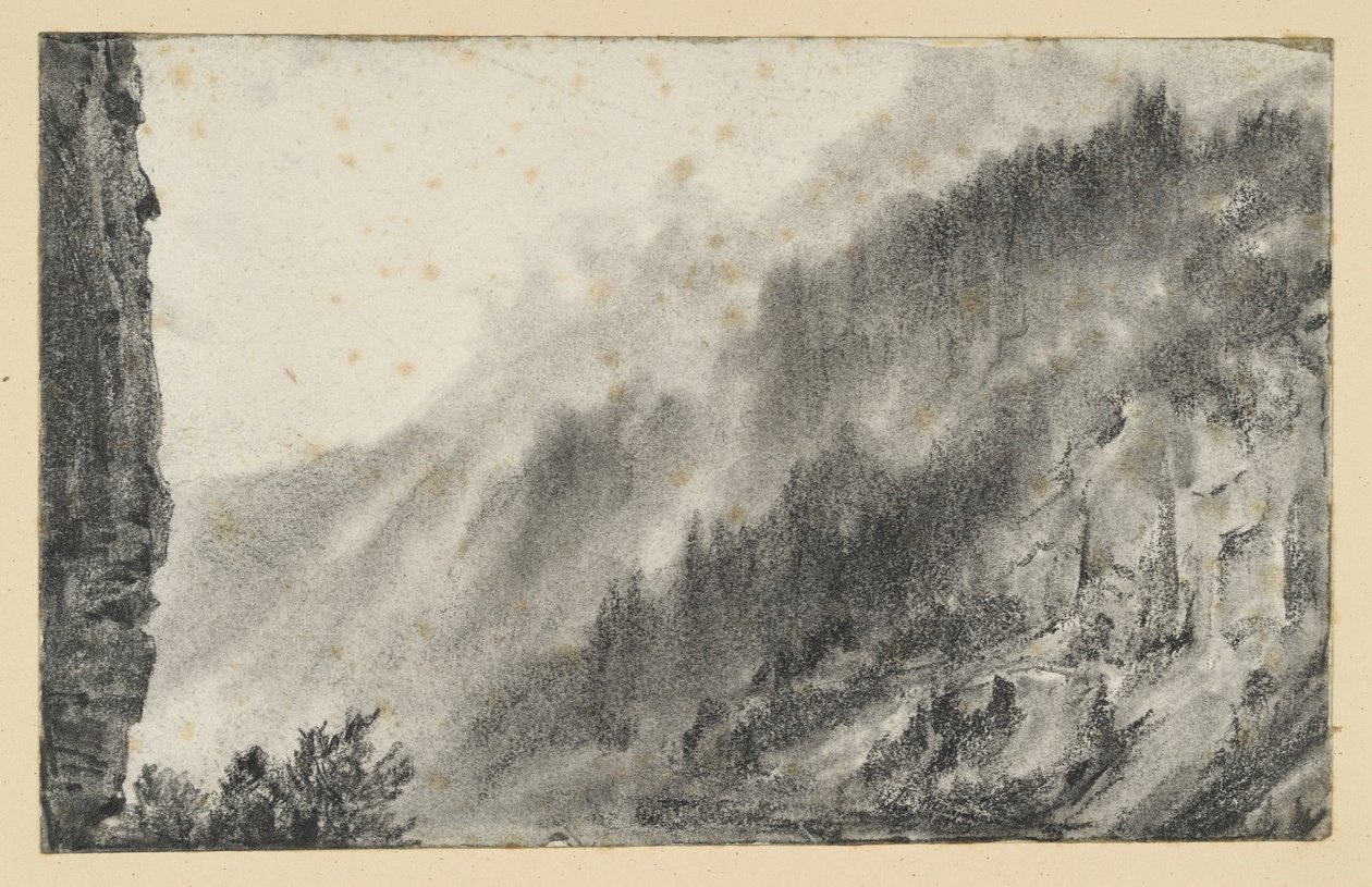 Paesaggio montano con nebbie fluttuanti, a sinistra una parete rocciosa che si erge imponente da Adolph Menzel