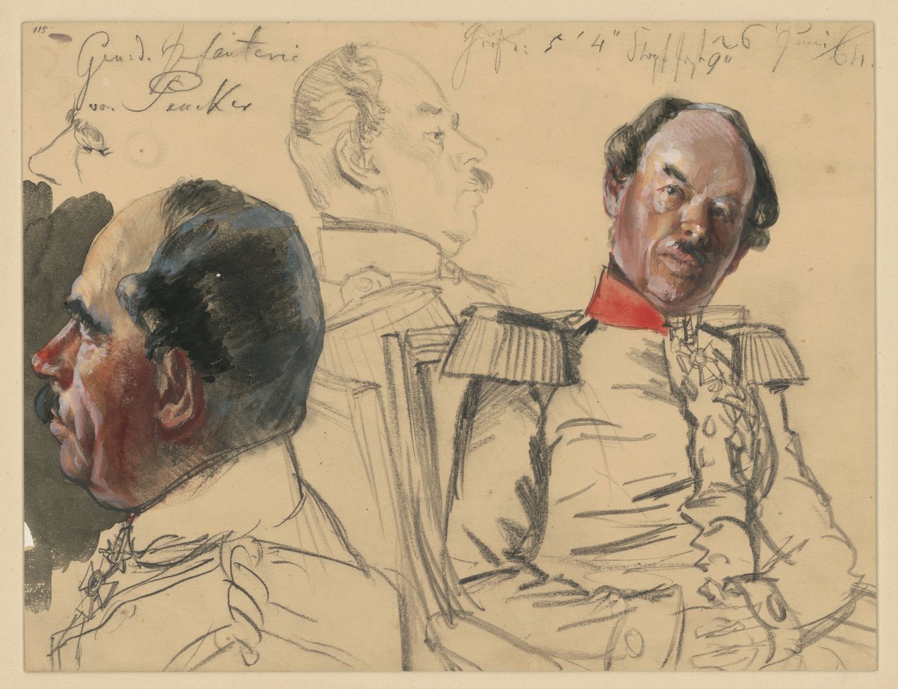 Generale di fanteria Eduard von Peucker, 1° studio del volto, di profilo verso sinistra, 2° ritratto a mezzo busto leggermente spostato verso destra, sguardo verso sinistra, in mezzo studio del volto, di profilo verso destra, studi preparatori per "L