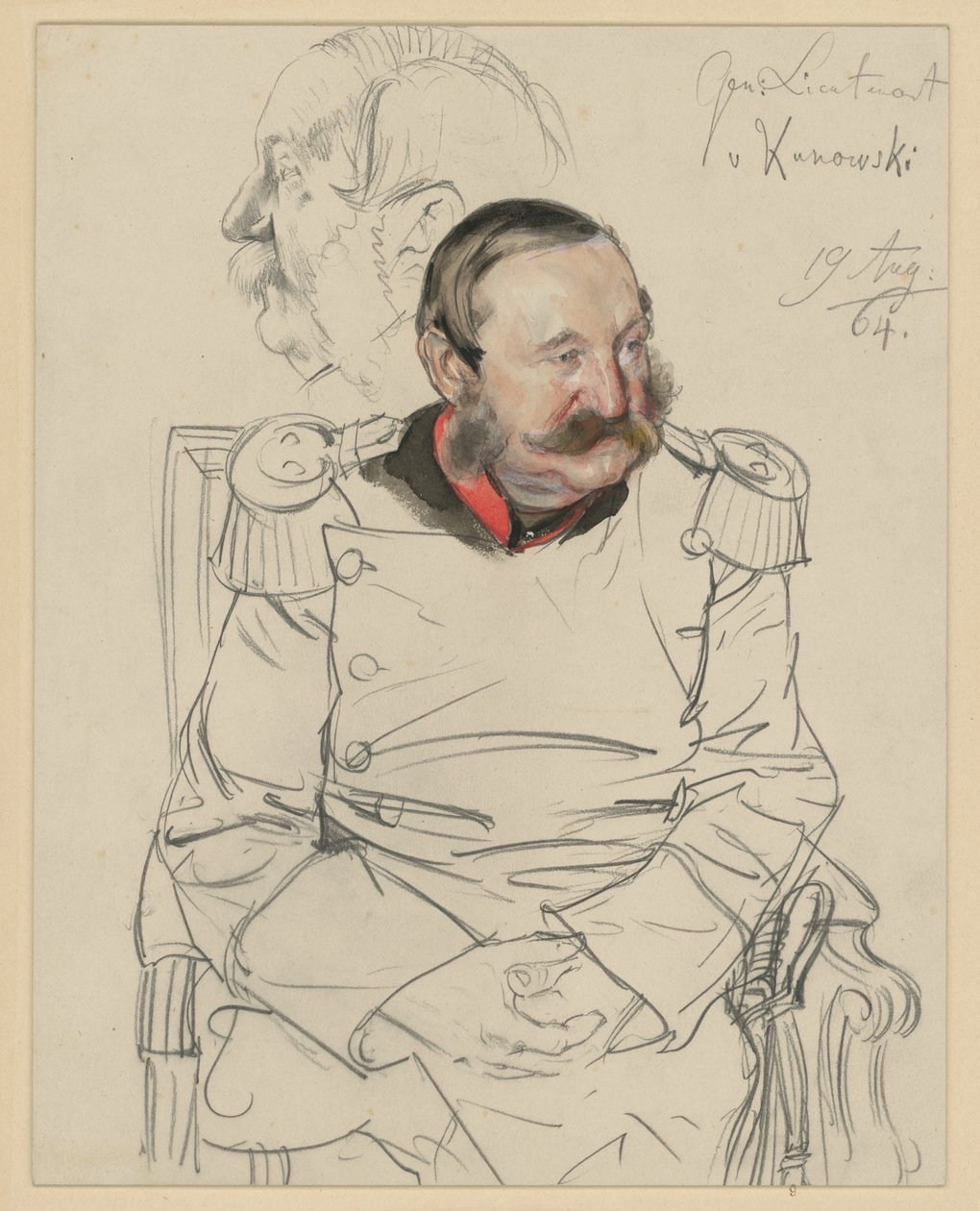 Tenente generale von Kumowski, studio di ginocchio, seduto di fronte, testa inclinata in avanti verso sinistra, a sinistra: studio della testa di profilo verso sinistra, studio per il ritratto in "L