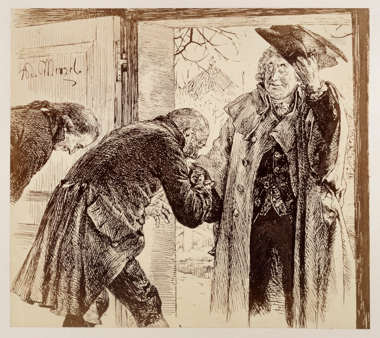 Il consigliere giudiziario Walter entra dalla porta a destra, sollevando cordialmente il cappello; viene accolto con deferenza da Adam e Licht, in riferimento a Heinrich von Kleist, "La brocca rotta" da Adolph Menzel