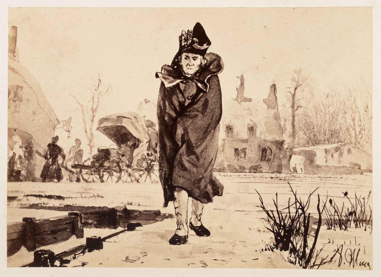 Il consigliere Walther avanza, avvolto nel suo mantello. Dietro di lui, la sua carrozza da viaggio senza finimenti, per «La brocca rotta» di Heinrich von Kleist da Adolph Menzel