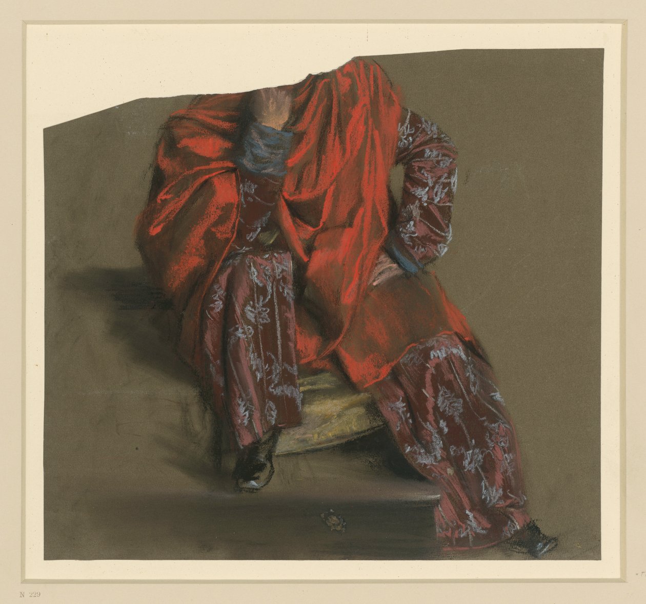 Studio del vestito di una figura maschile seduta di fronte, con una gonna lunga a fiori e un coprispalle rosso da Adolph Menzel