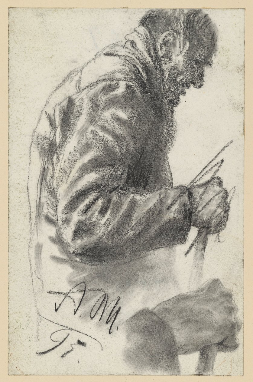 Mezza figura di un vecchio con bastone, la cui mano destra è scartata e ripetuta sotto da Adolph Menzel