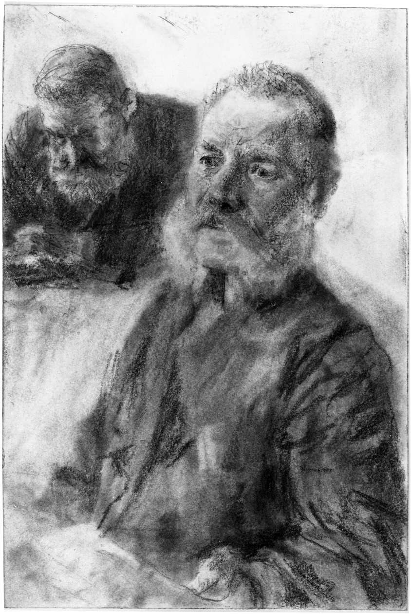 Figura a mezzo busto di un uomo barbuto, sullo sfondo un altro ritratto a busto di un uomo barbuto con lo sguardo abbassato da Adolph Menzel