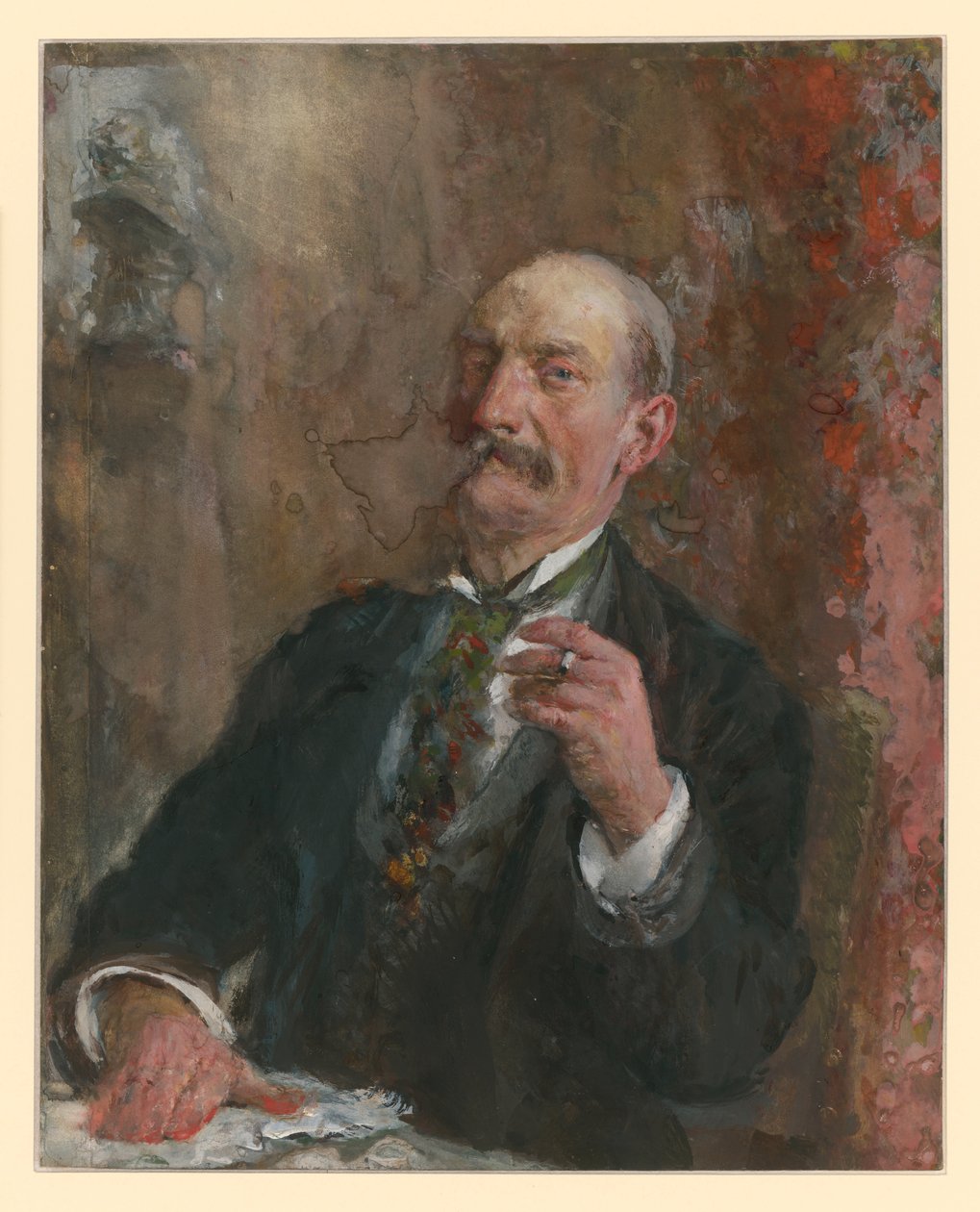 Mezza figura di un uomo seduto, con la destra appoggiata sul piano del tavolo davanti a sé e una sigaretta nella sinistra da Adolph Menzel