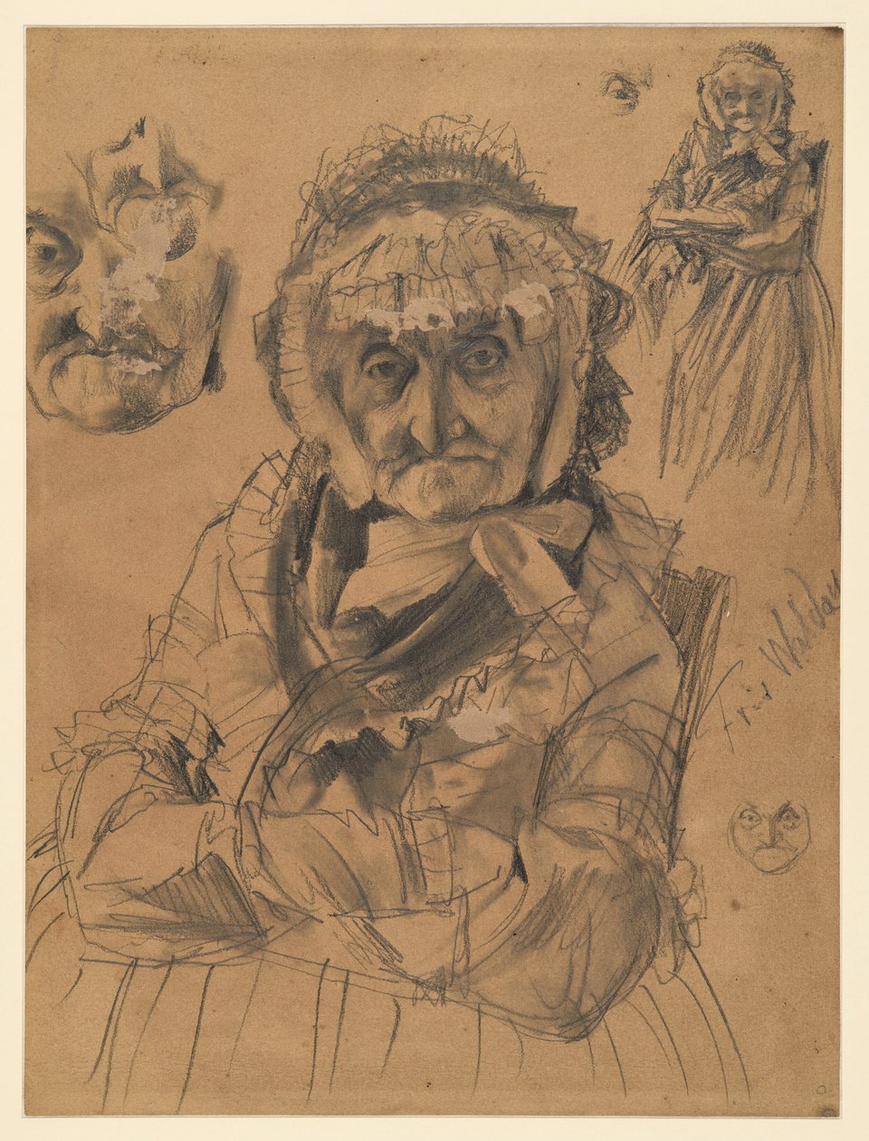 Figura a mezzo busto seduta di fronte; in alto a destra: figura a tre quarti e occhio; a sinistra: due studi di volto; in basso a destra: piccolo studio di volto; iscrizione Fr. v. Waldow. Studio preliminare per il dipinto “Concerto di flauto di Federico da Adolph Menzel