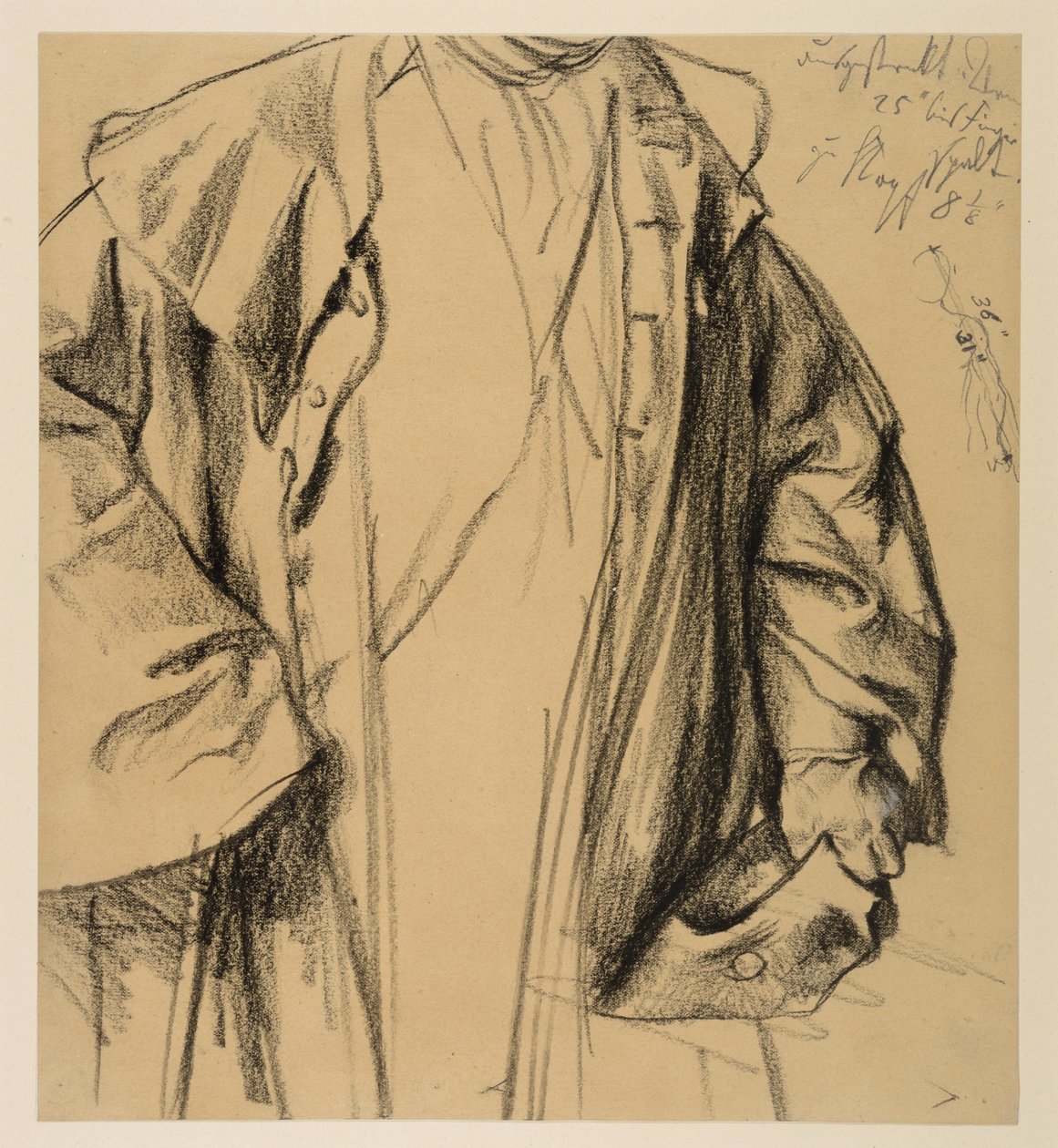 Heinrich von Kleist, *La brocca rotta*: studio di modello di un ufficiale in mantello, con la testa non raffigurata, a mezzo busto, con il cappello nella mano sinistra e il bastone nella destra da Adolph Menzel