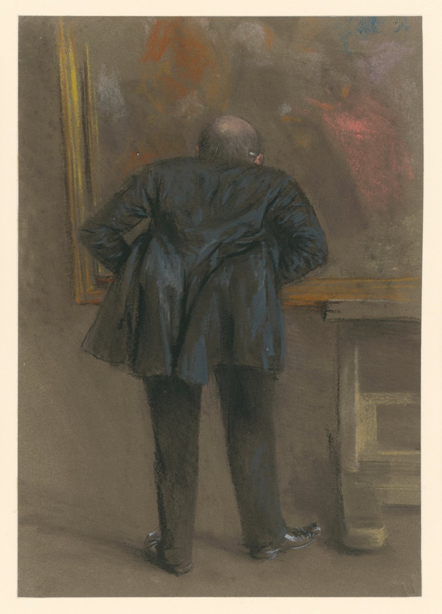 Uomo in posizione chinata in avanti, in piedi davanti a un quadro, visto di spalle da Adolph Menzel