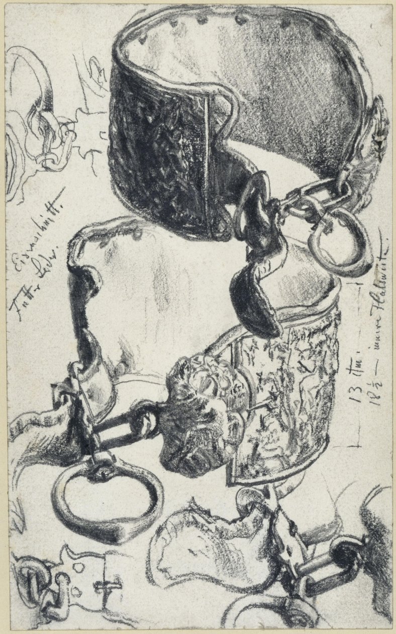 Collare per cani destinato a un "Saupacker" del XVII secolo, in due vedute e studi di dettaglio, Museo Storico, Dresda da Adolph Menzel