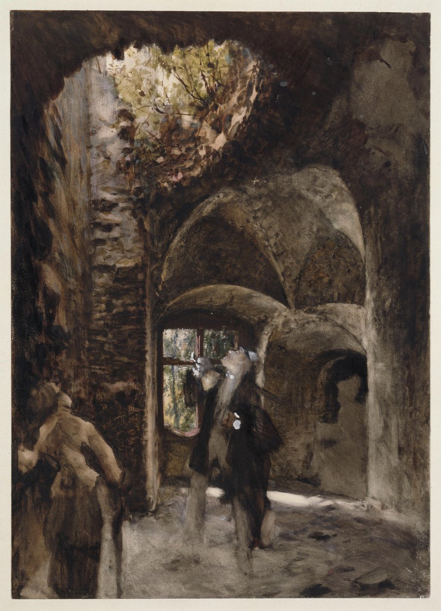 Tra le rovine, un signore e una signora sono in piedi su un pianerottolo e guardano verso un grande buco nella volta da Adolph Menzel