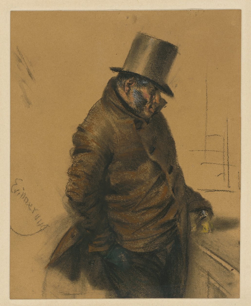 Un signore ebreo con il cilindro, in piedi al bancone mentre paga da Adolph Menzel