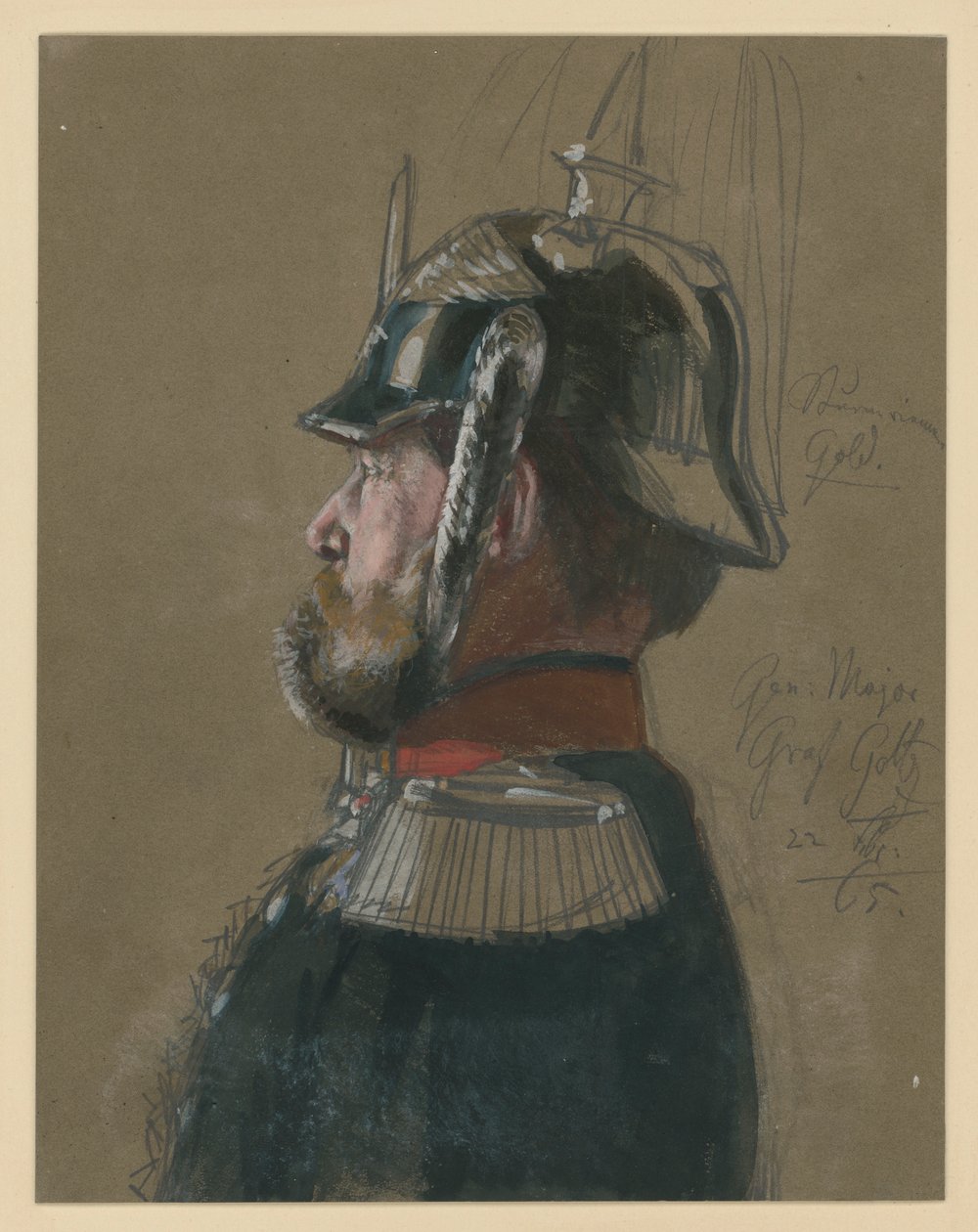 Karl Friedrich conte von Goltz, maggior generale, ritratto a mezzo busto con elmo e spada, profilo verso sinistra, studio di ritratto per «L