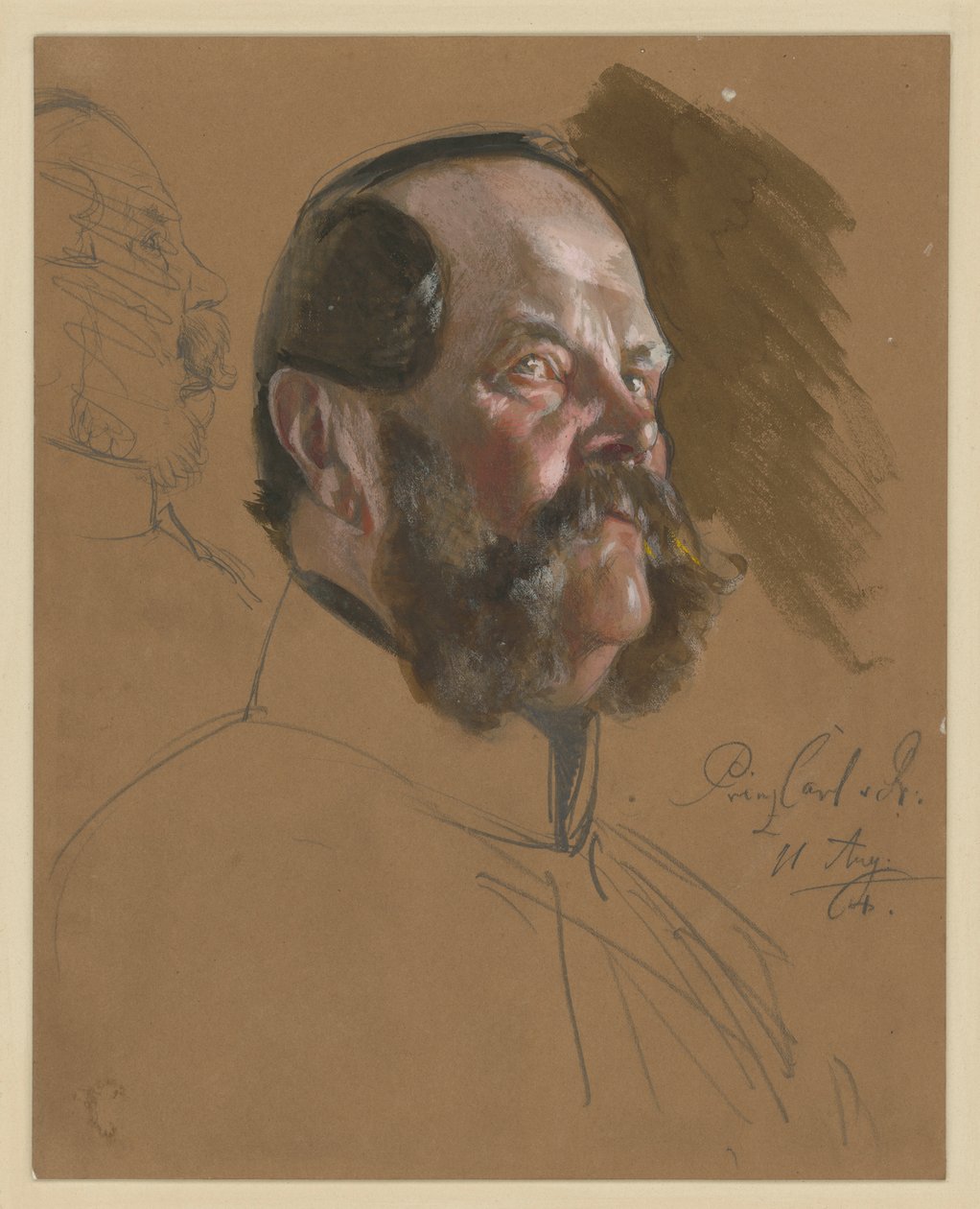 Carlo, principe di Prussia, busto, profilo a tre quarti verso destra in vista dall’alto, a sinistra: volto di profilo verso destra (barrato), studio per il ritratto relativo a “L’incoronazione di Guglielmo I a Königsberg” da Adolph Menzel