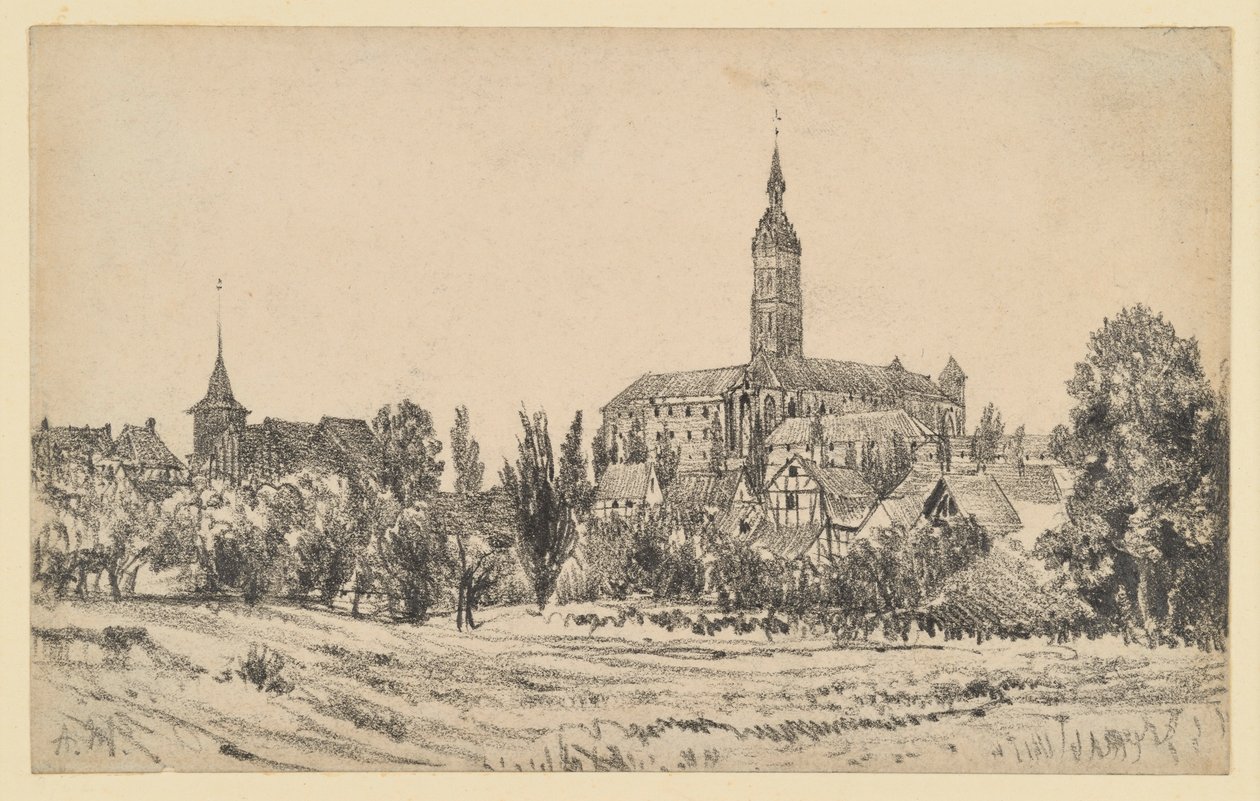 Piccola cittadina con un campanile alto da Adolph Menzel