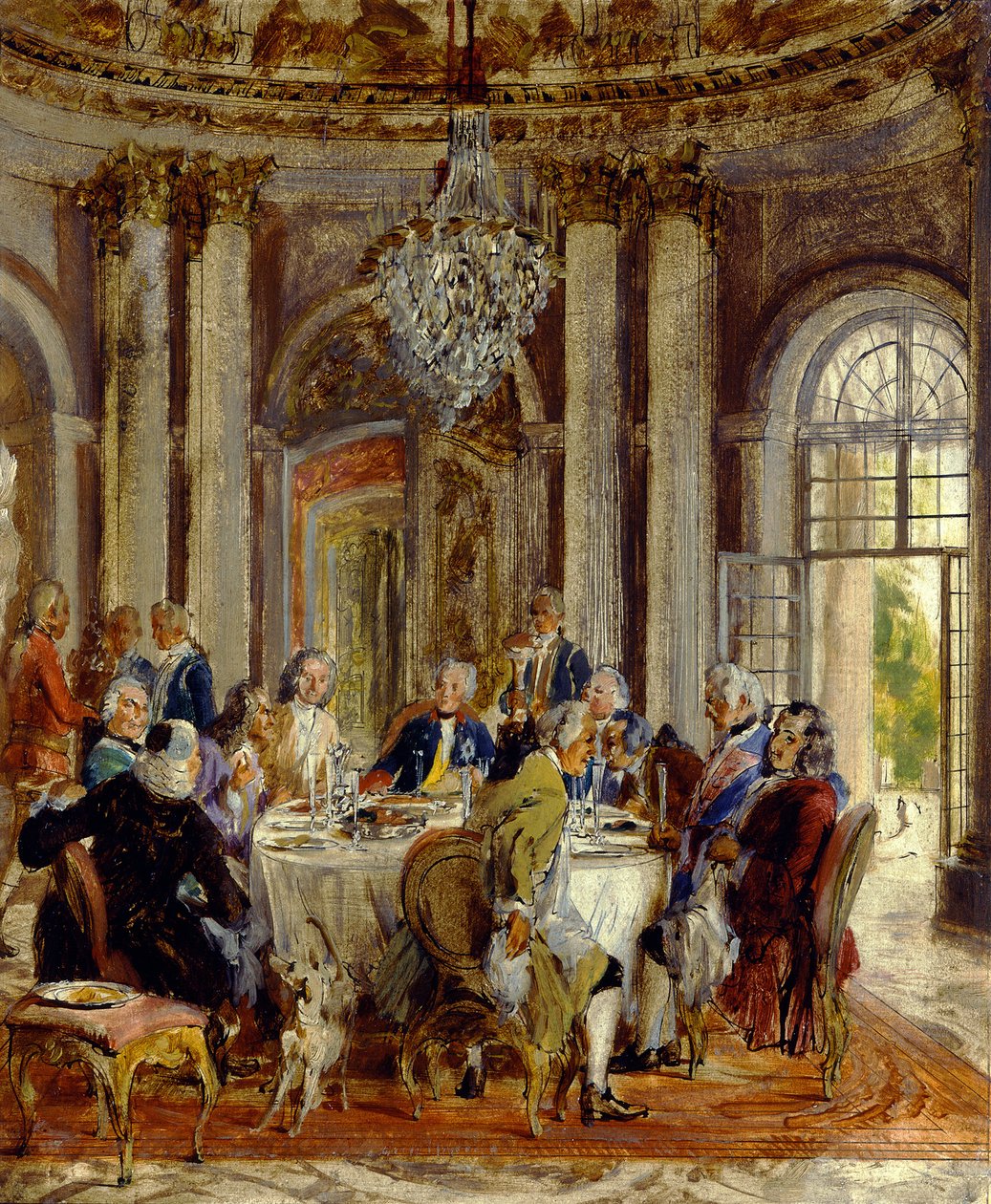 La tavola rotonda del re Federico II a Sanssouci. Schizzo da Adolph Menzel