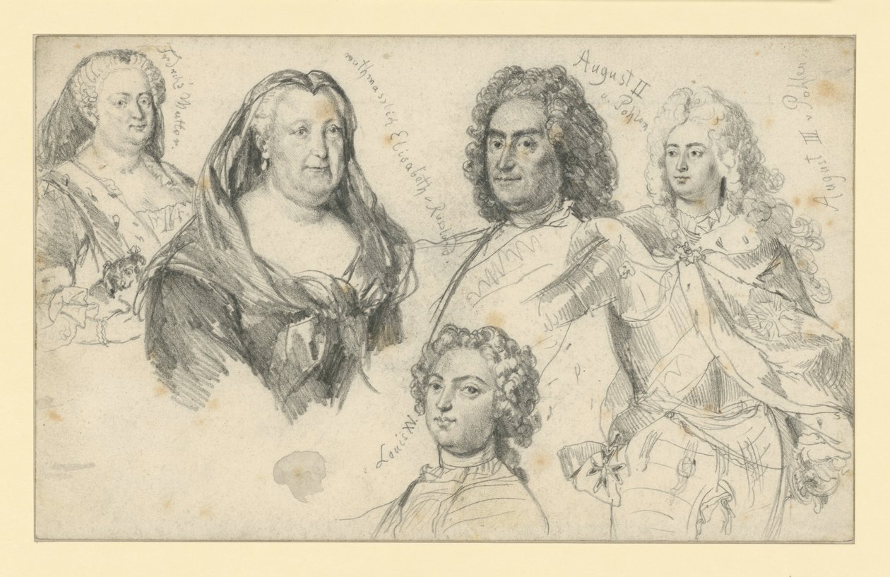 Regina Sofia Dorotea di Prussia, imperatrice Elisabetta di Russia, re Augusto II di Polonia, re Augusto III di Polonia, Luigi XV di Francia da Adolph Menzel