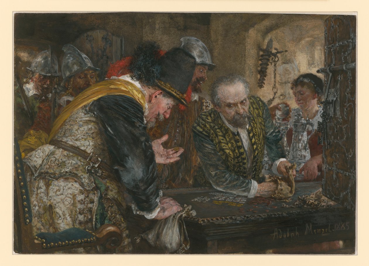 Contribuzione, soldati - a sinistra il loro capitano - ricevono denaro e argento da un uomo anziano da Adolph Menzel