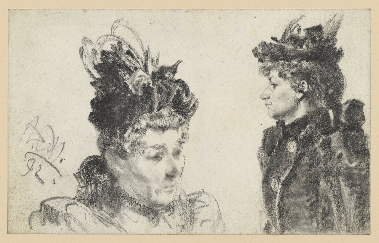 Testa di donna con cappello piumato rivolta a destra, ritratto a mezzo busto di donna con cappello di profilo rivolto a sinistra da Adolph Menzel