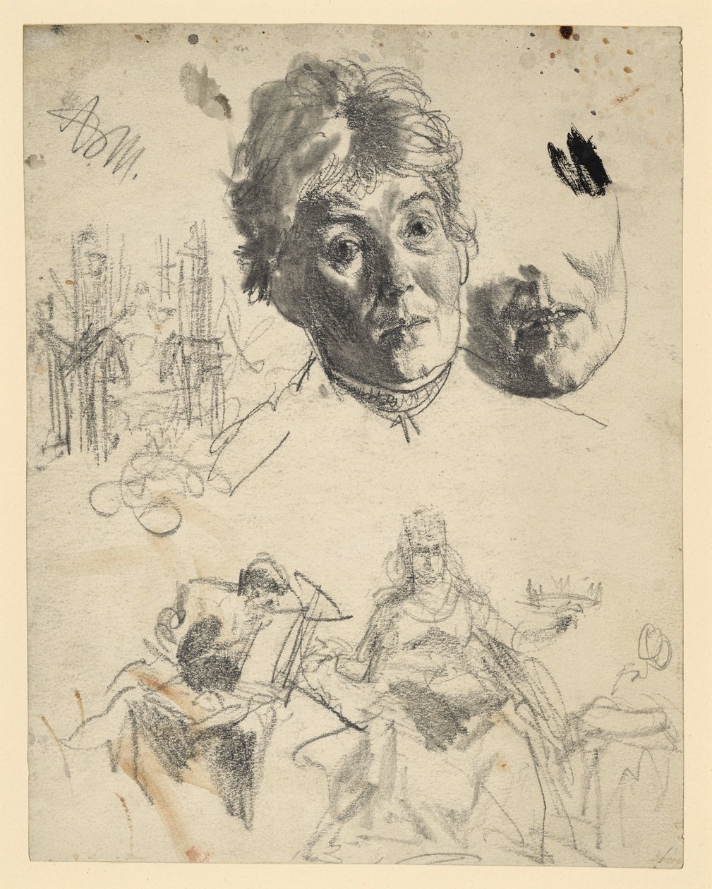 Testa di una donna anziana con il mento ripetuto, schizzo architettonico, schizzo figurativo per un’allegoria da Adolph Menzel