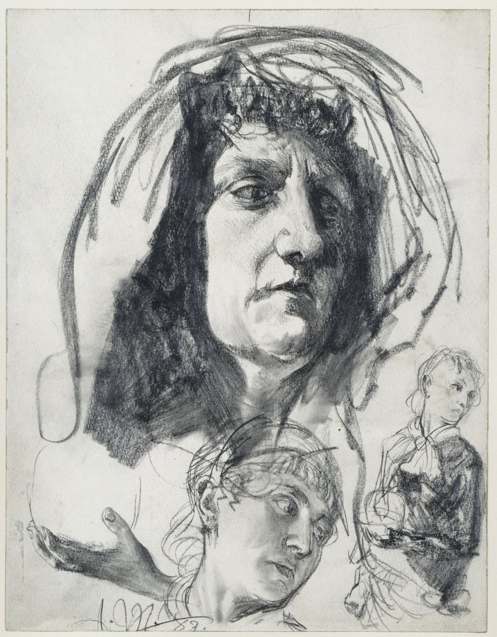 Testa di una donna anziana con un foulard, studi di una donna più giovane con un cappellino a bombetta. Studi dal vero sulla “Piazza d’Erbe” da Adolph Menzel