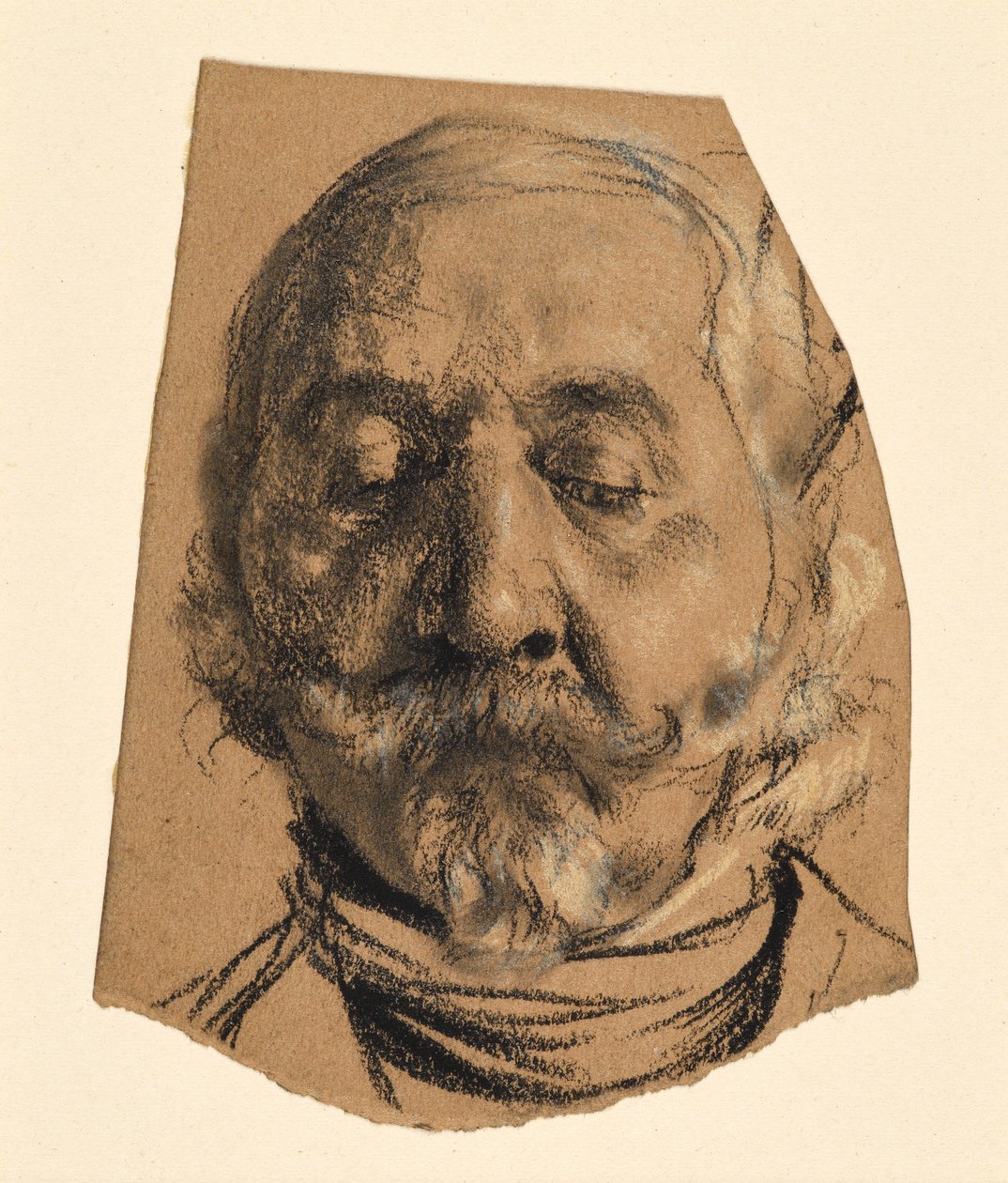 Testa di uomo con baffi, pizzetto e occhi chiusi da Adolph Menzel