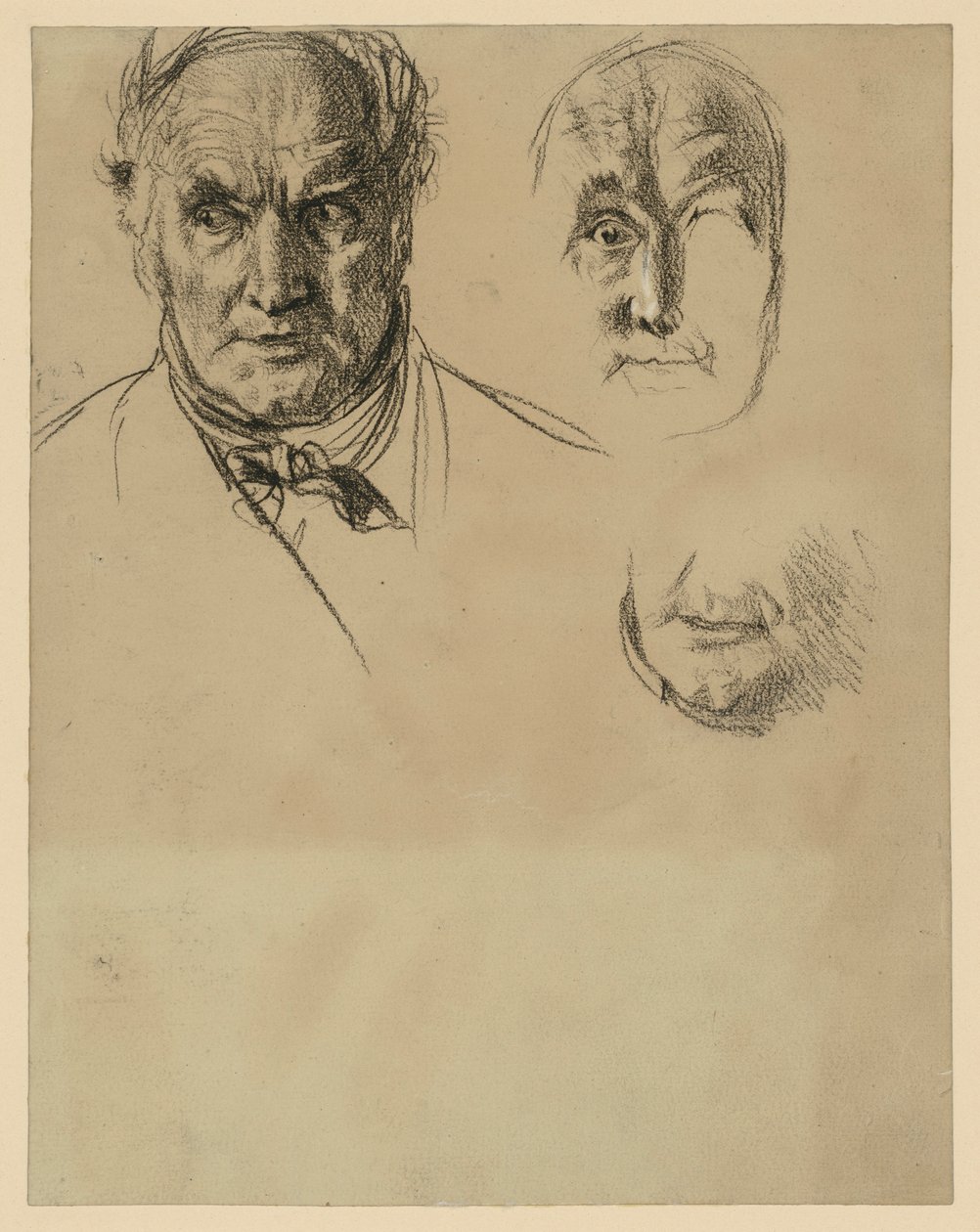 Testa di un uomo anziano con foulard e due studi di dettaglio del viso da Adolph Menzel