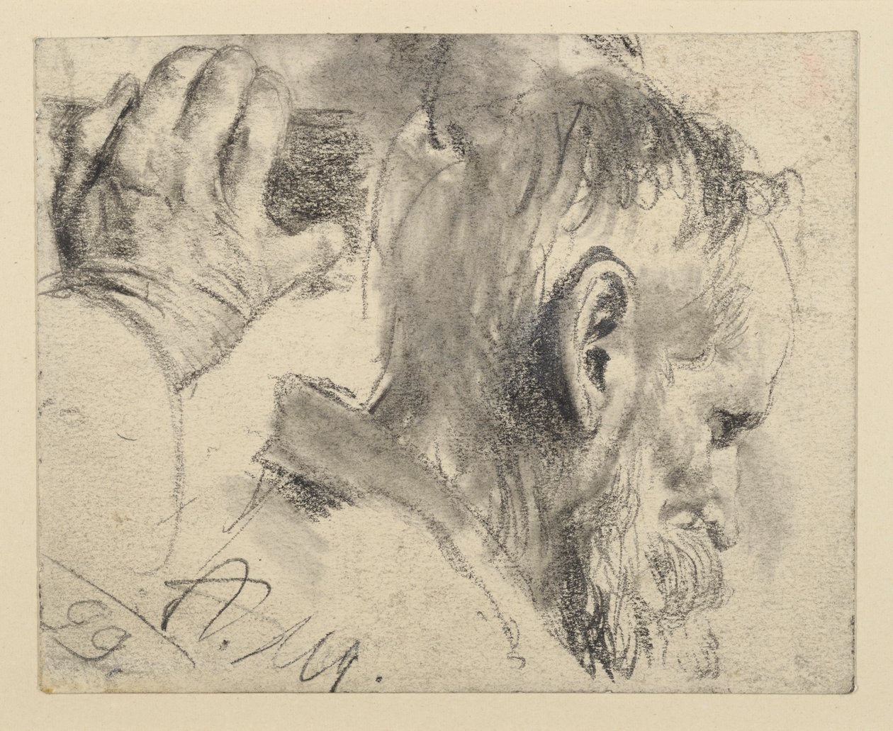 Testa di un uomo barbuto, leggermente inclinata verso il basso, rivolta a destra, con la mano destra da Adolph Menzel