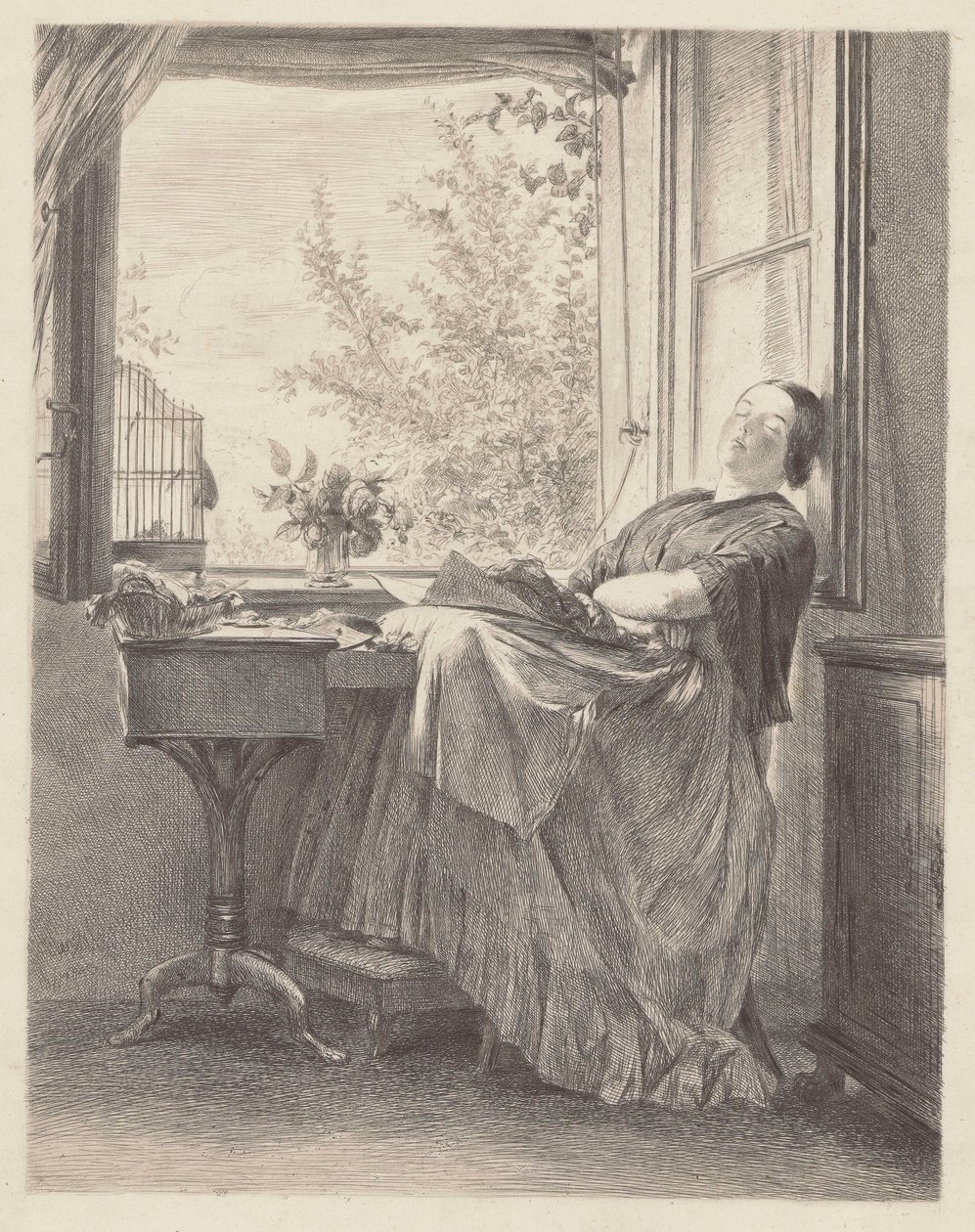 Sarta addormentata presso la finestra (Emilia, sorella di Menzel, in seguito signora Krigar). da Adolph Menzel