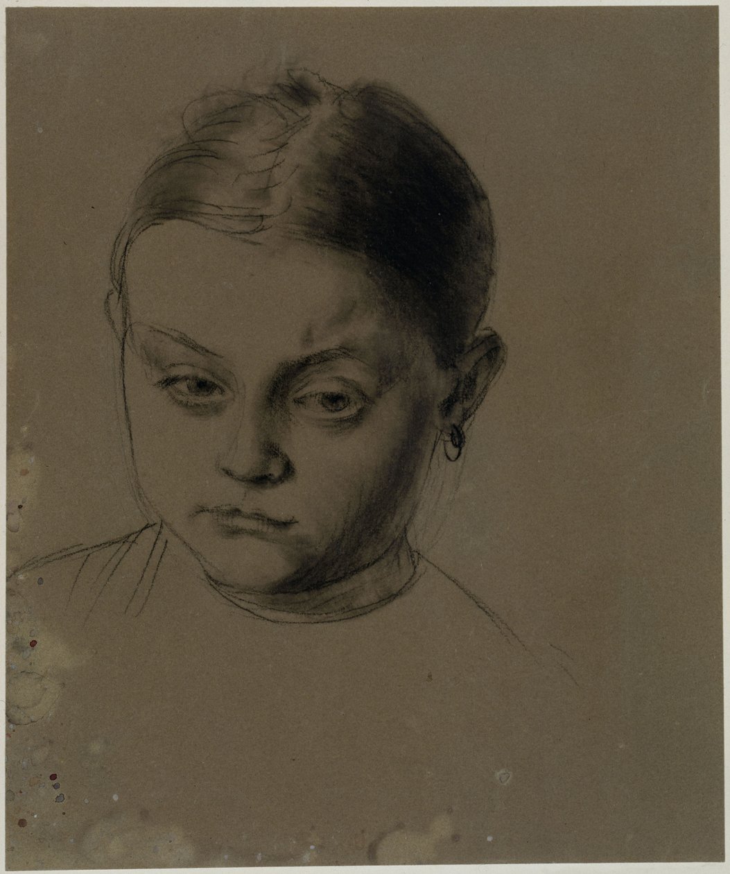 Testa di ragazza di fronte, con il capo leggermente inclinato, orecchino da Adolph Menzel
