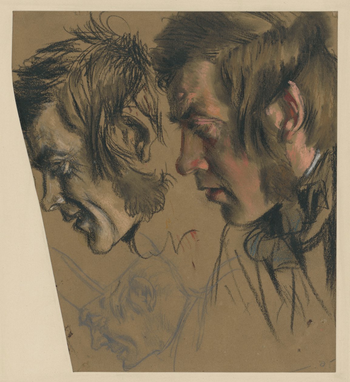 Testa maschile con basette, chinata in avanti; a sinistra: riproduzione in scala ridotta; in basso: la stessa figura con un berretto da Adolph Menzel