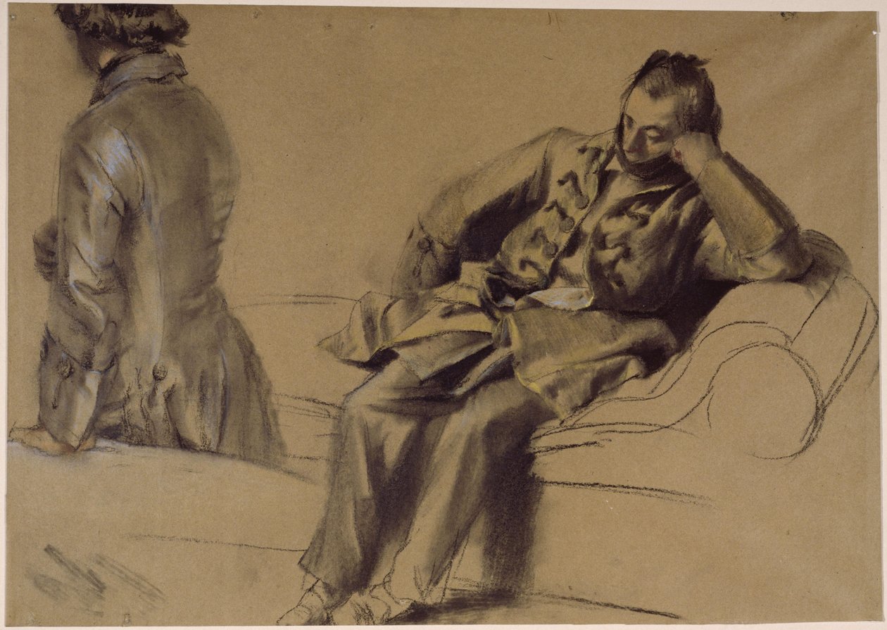 Un uomo con una giacca allacciata seduto sul divano, un altro che cammina da Adolph Menzel