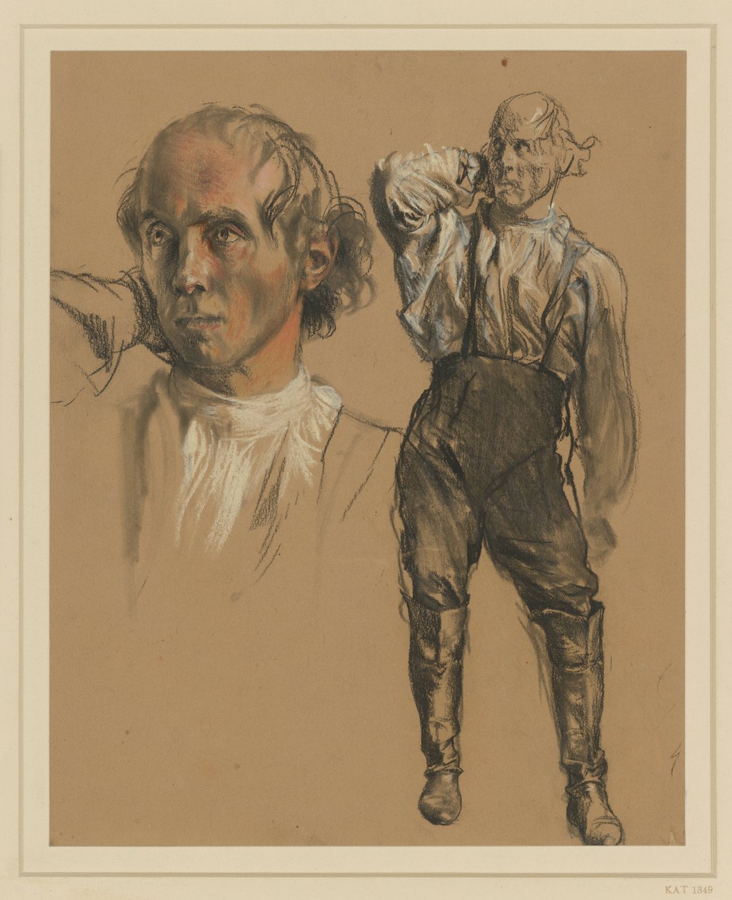 Uomo con camicia, pantaloni e stivali alti, in piedi di fronte, con la mano destra alla nuca, sguardo a sinistra, a sinistra: studio della testa più grande da Adolph Menzel