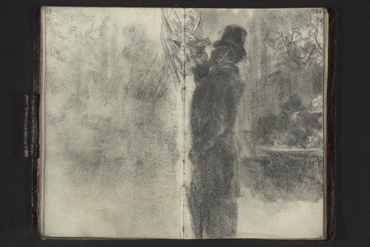 Un uomo con cilindro e ombrello che sfoglia dei fogli appesi al muro da Adolph Menzel