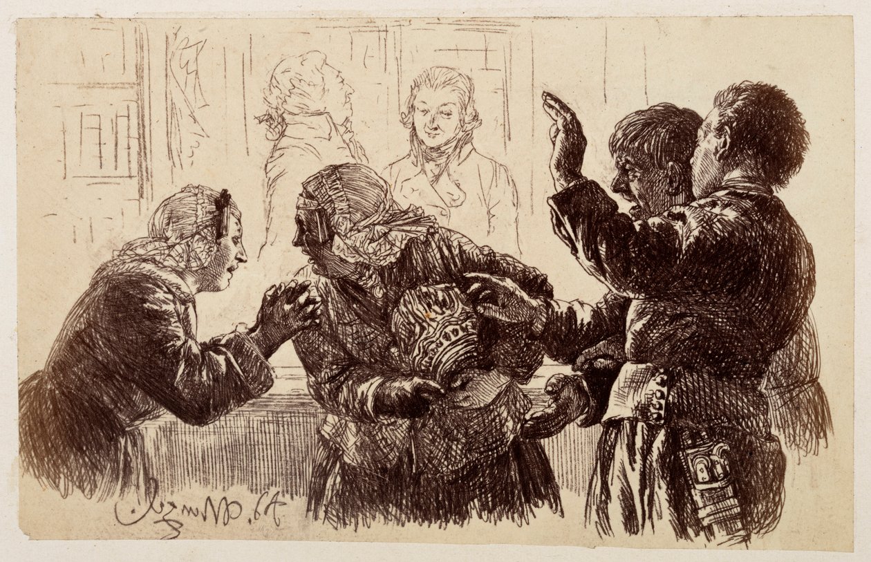Marthe, con i cocci della brocca tra le braccia, sta in piedi tra Veit e Ruprecht, mentre Eve supplica la madre di desistere dal lamento, da Heinrich von Kleist, “La brocca rotta” da Adolph Menzel