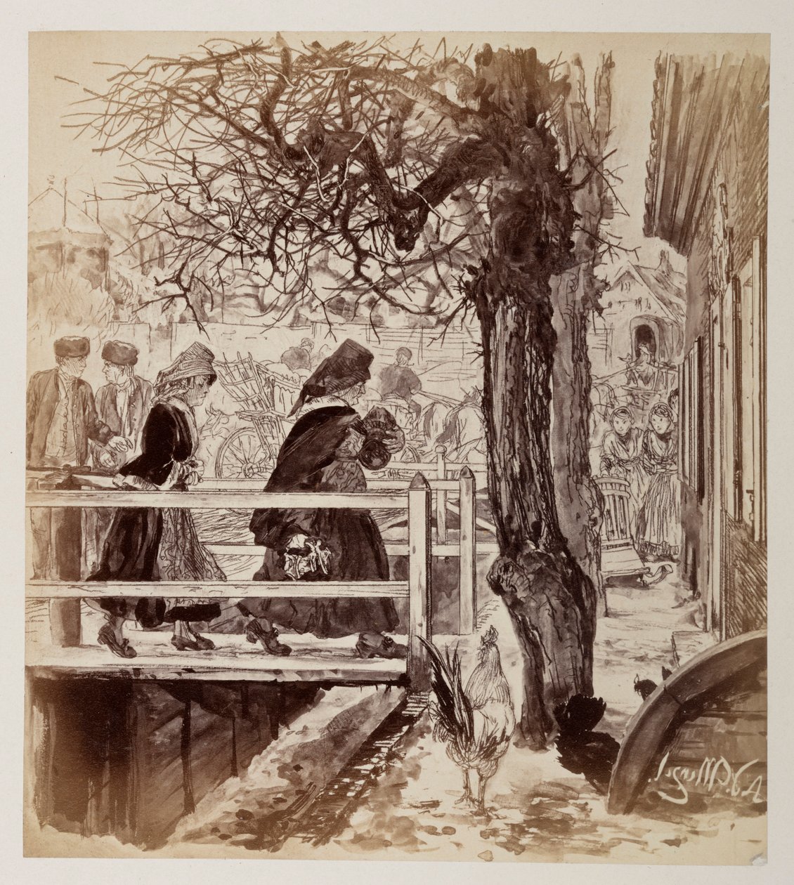 Marthe attraversa verso sinistra un ponte con i cocci, seguita da Eve; a destra si vedono arrivare anche Veit e suo figlio Ruprecht, per «La brocca rotta» di Heinrich von Kleist da Adolph Menzel