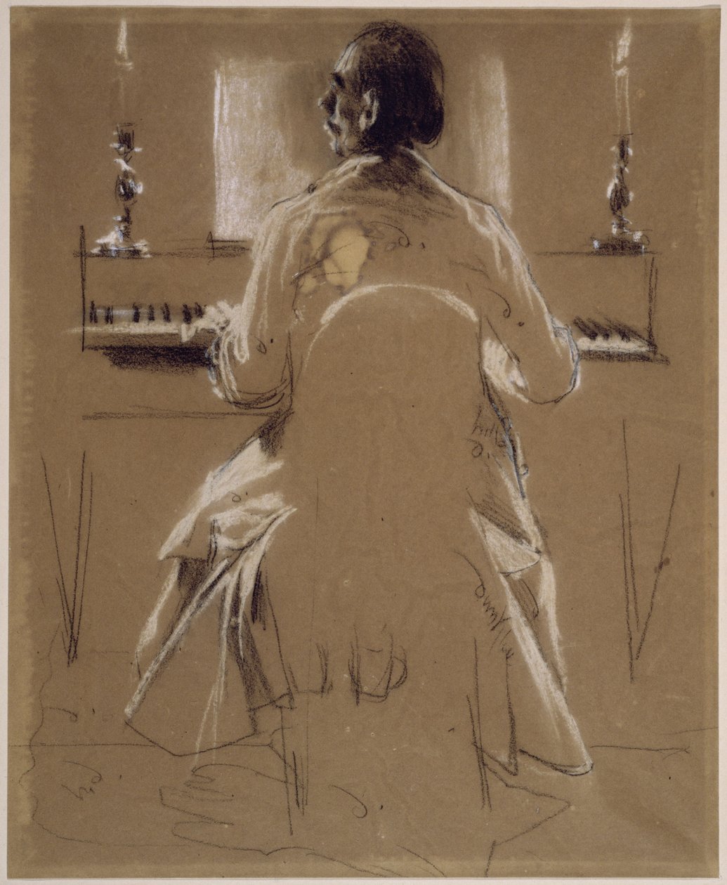 Studio preparatorio (Richard, fratello di Menzel) raffigurante Philipp Emanuel Bach al pianoforte o al fortepiano. Studio preliminare per il dipinto “Concerto per flauto di Federico il Grande a Sanssouci” da Adolph Menzel