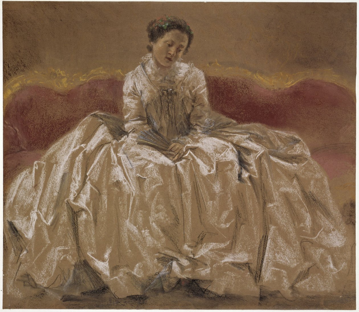Studio dal vero (Emilie, sorella di Menzel) raffigurante la principessa Wilhelmine di Prussia (margravia Wilhelmine di Bayreuth) seduta sul divano. Studio preliminare per il dipinto “Concerto per flauto di Federico il Grande a Sanssouci” da Adolph Menzel
