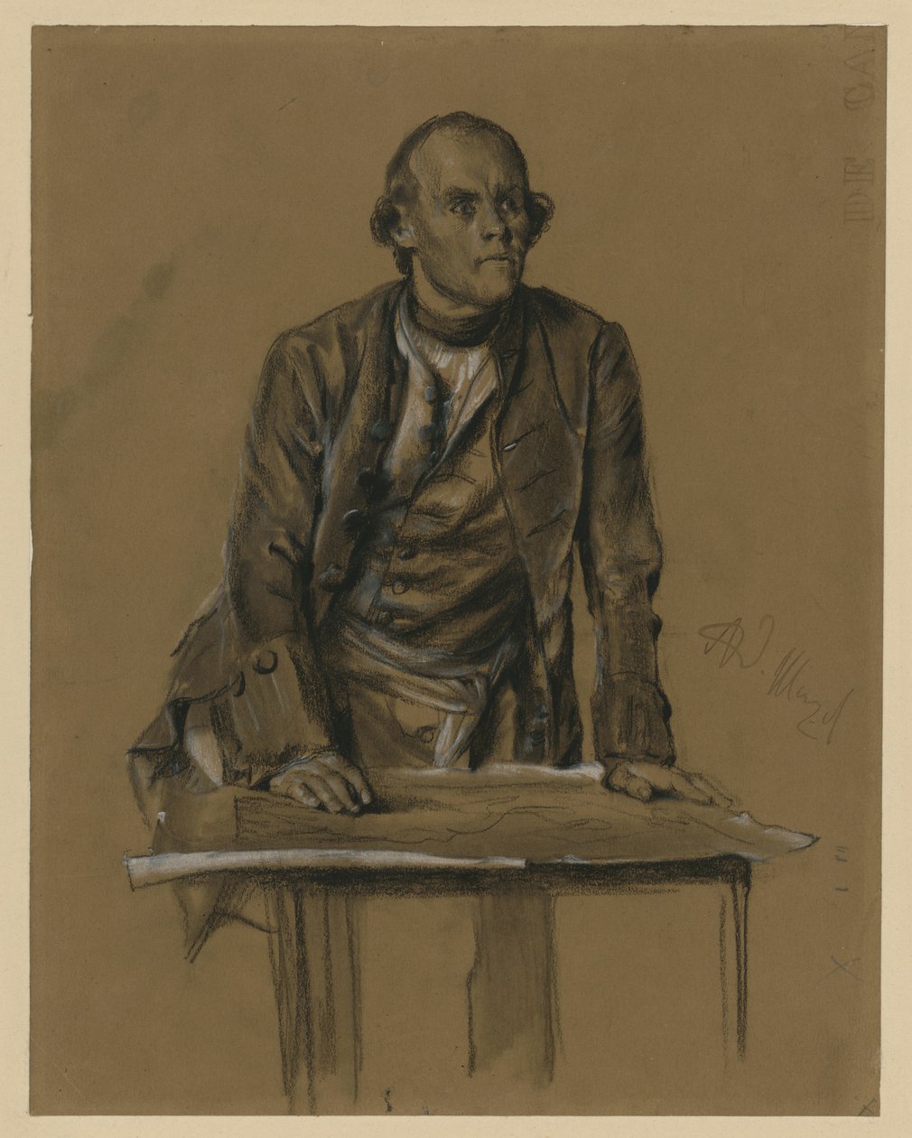 Studio di modello raffigurante il principe Enrico di Prussia, mezzo busto di fronte, chino su un tavolo, “Ai tempi del re Federico. Eroi di guerra e di pace”, 1856 (cfr. Bock 1071) da Adolph Menzel