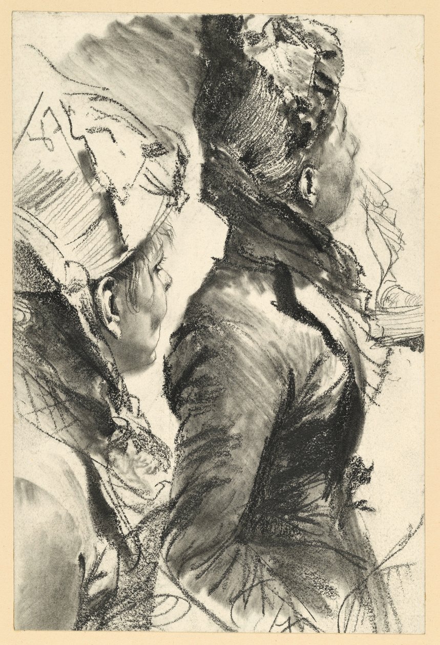 Donna con cappello che guarda verso destra, mezzo busto di profilo, due studi da Adolph Menzel