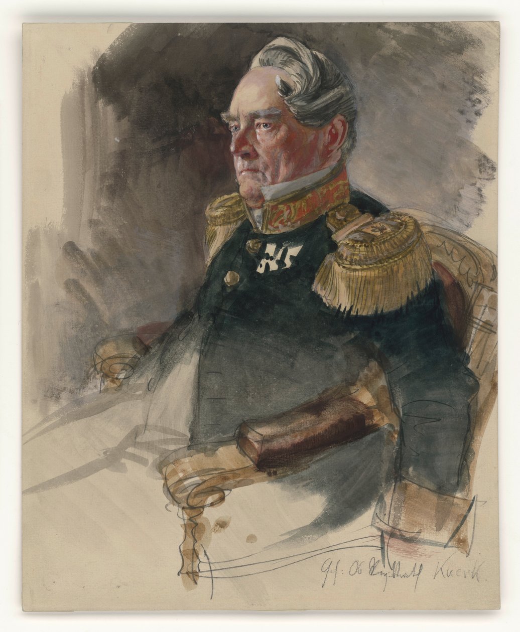 Consigliere di Stato Knerk, ritratto a mezzo busto rivolto verso sinistra, di profilo a tre quarti, con l’indicazione del soggetto raffigurato, studio per il dipinto “L’incoronazione di Guglielmo I a Königsberg” da Adolph Menzel