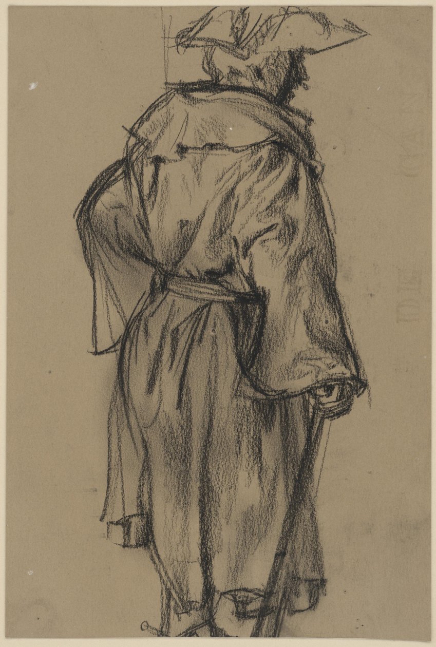 Ufficiale con cappotto e cappello, con il bastone nella mano destra, in profilo a mezzo busto verso destra. (Studio di posa di Moritz von Anhalt-Dessau) da Adolph Menzel